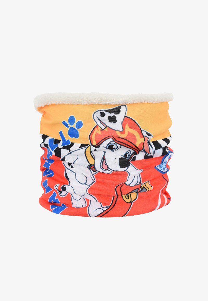 Cuello calentador para niños con un cachorro dálmata de dibujos animados que lleva un casco de bombero rojo y un diseño colorido en rojo, naranja y azul.