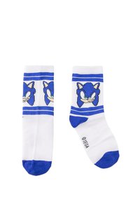 Calzini blu e bianchi con design a maglia di Sonic the Hedgehog. Accentuati da strisce blu sulla parte superiore e da un'area della punta blu.