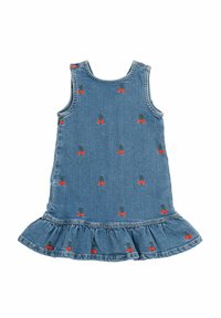 Denim obleka s širokim robom, ki vsebuje več vezenih rdečih češenj na modrem ozadju. Brezrokavni dizajn z okroglim izrezom.