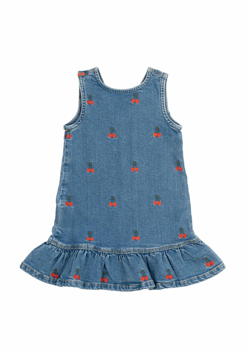 Denim obleka s širokim robom, ki vsebuje več vezenih rdečih češenj na modrem ozadju. Brezrokavni dizajn z okroglim izrezom.