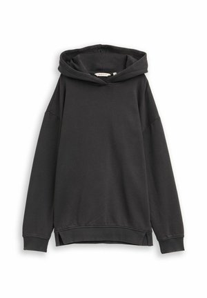 Schwarzer Hoodie aus weichem Material, mit Kapuze, langen Ärmeln, überschnittenen Schultern und einem leicht weit geschnittenen Saum mit Seitenschlitzen.