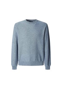 Hellblauer Pullover aus weichem Strickmaterial. Mit Rundhalsausschnitt und langen Ärmeln mit gerippten Bündchen und Säumen. Texturierte Oberfläche.