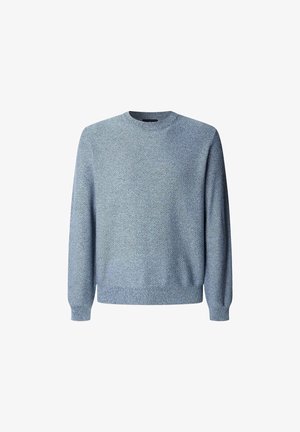 Hellblauer Pullover aus weichem Strickmaterial. Mit Rundhalsausschnitt und langen Ärmeln mit gerippten Bündchen und Säumen. Texturierte Oberfläche.