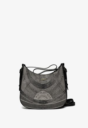 Sac à épaule courbé noir et gris avec des motifs circulaires complexes et une bandoulière noire réglable, présenté sur fond blanc.