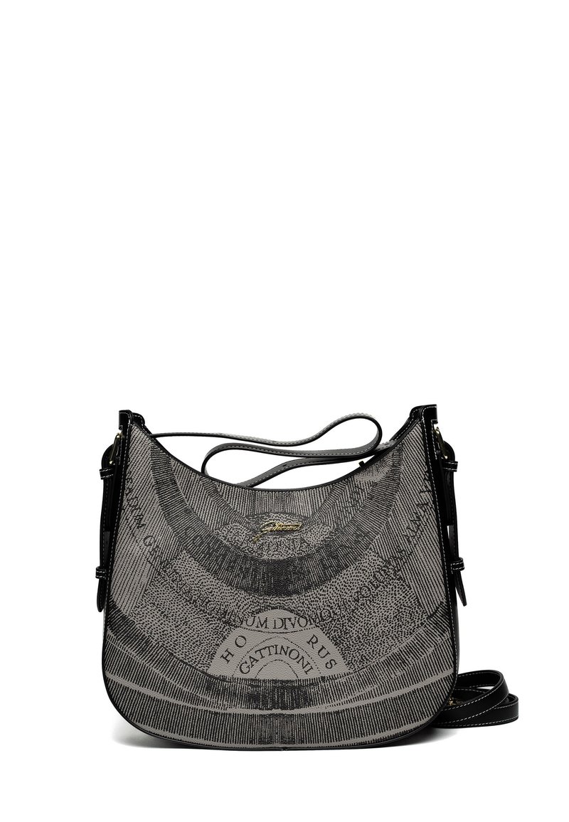 Sac à épaule courbé noir et gris avec des motifs circulaires complexes et une bandoulière noire réglable, présenté sur fond blanc.