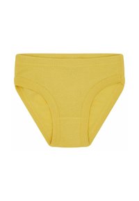 Slip di cotone giallo con una texture liscia, caratterizzati da un taglio breve, una vita elastica e bordi cuciti per una maggiore durata.