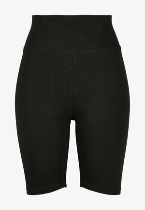 Schwarze, hoch taillierte Radsportshorts aus dehnbarem Material, mit einer glatten Textur und genähtem Saum, entworfen für Komfort und Bewegungsfreiheit.