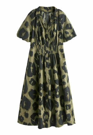 PUFF SLEEVE MIDI - Skjortklänning - khaki green animal print