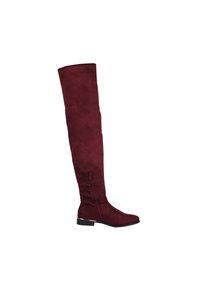 Bottes en suede bourgogne hauteur genou avec un talon plat, fermeture éclair sur le côté et texture lisse. Caractéristiques d'un design minimaliste sans embellissements supplémentaires.