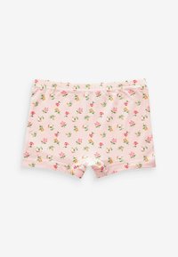Pantaloni corti in cotone di colore rosa chiaro, con un motivo floreale caratterizzato da fiori rosa e arancioni, rifiniti con una morbida fascia elastica in vita.