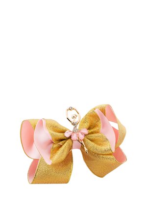 Gold- und pinkfarbenes Schleifenband mit einem Ballerina-förmigen Anhänger, verziert mit pinken Blütenblättern und kleinen Strasssteinen in der Mitte.
