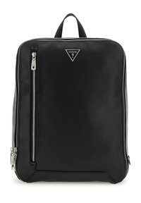 Zaino sintetico nero con finitura testurizzata, dotato di una tasca frontale con zip e un logo triangolare. Manico superiore robusto e chiusura con zip.