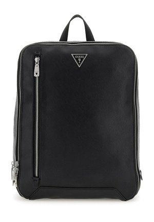 Zaino sintetico nero con finitura testurizzata, dotato di una tasca frontale con zip e un logo triangolare. Manico superiore robusto e chiusura con zip.