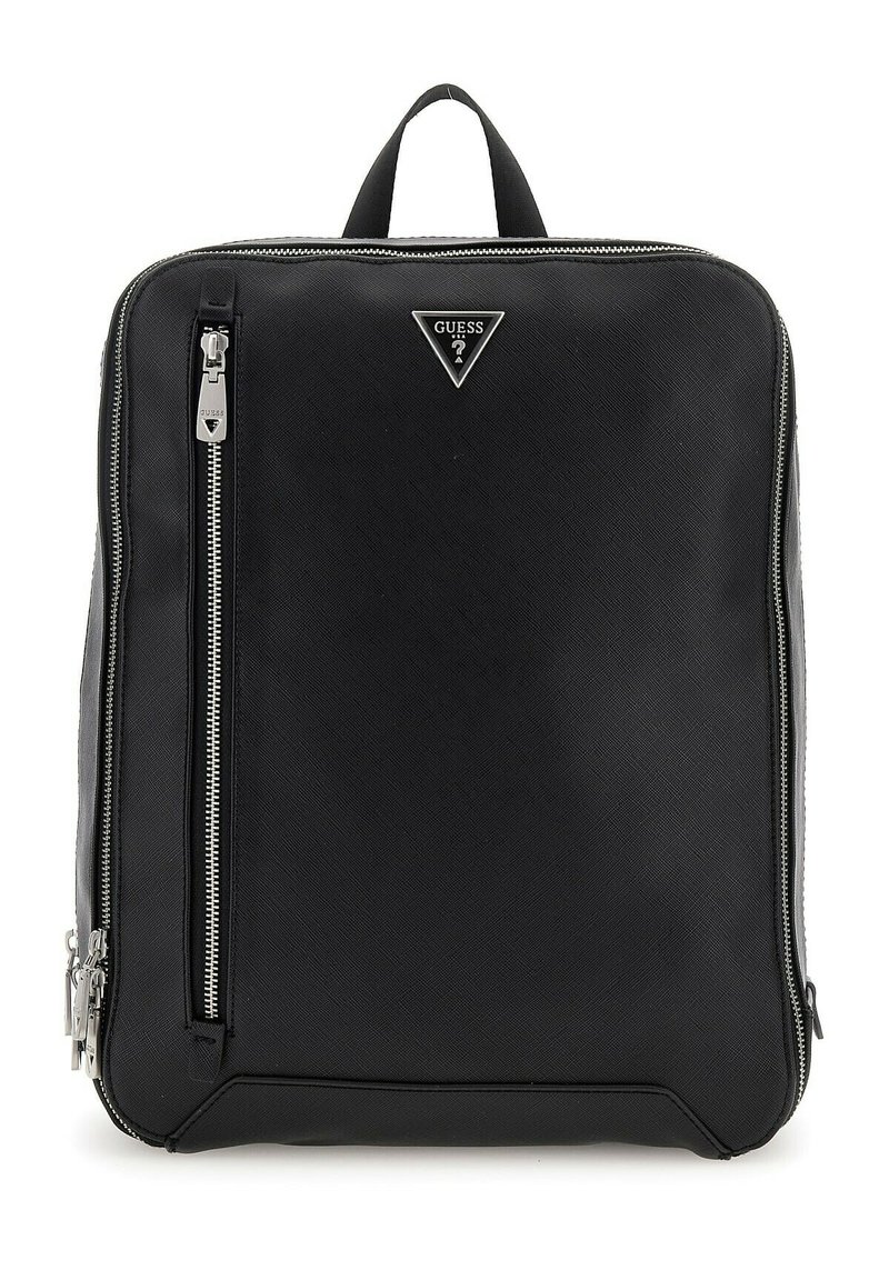Zaino sintetico nero con finitura testurizzata, dotato di una tasca frontale con zip e un logo triangolare. Manico superiore robusto e chiusura con zip.