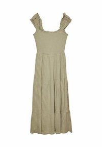 Robe maxi couleur kaki clair en tissu texturé, avec des bretelles à volants, un corsage ajusté et une jupe à plusieurs niveaux.