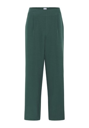 Pantalons verts à taille élastique en tissu doux ; coupe droite avec plis avant ; texture lisse sans motifs ni éléments en métal.