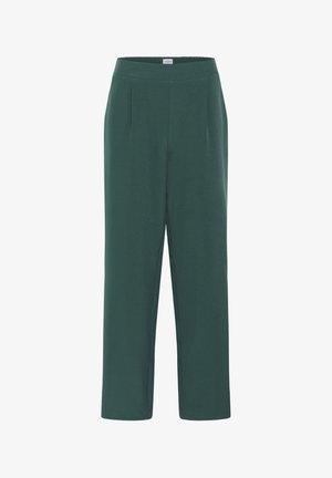 Pantalons verts à taille élastique en tissu doux ; coupe droite avec plis avant ; texture lisse sans motifs ni éléments en métal.