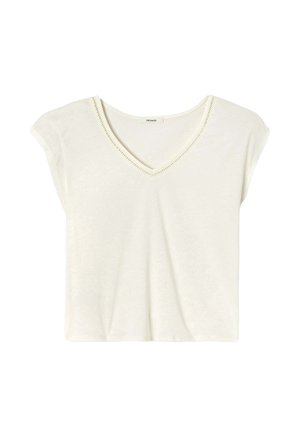 T-shirt blanc à col V avec des manches courtes et une coupe décontractée. Présente des coutures décoratives le long de l'encolure. Fabriqué en tissu doux et léger.