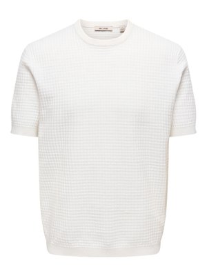 Pull en maille blanche à manches courtes avec motif gaufré texturé et col rond, poignets et ourlet côtelés.