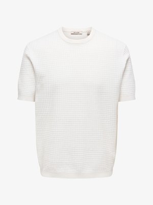 Pull en maille blanche à manches courtes avec motif gaufré texturé et col rond, poignets et ourlet côtelés.