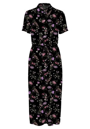 Czarna sukienka midi z krótkimi rękawami, zapinana na guziki, z kwiatowym nadrukiem w odcieniach fioletu, różu i bieli z zielonymi łodygami i liśćmi.