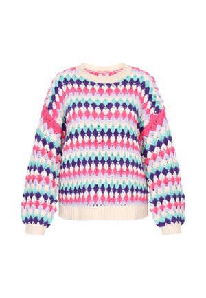Barvna pletena pulover s diamanthovim vzorcem v roza, vijolični, modri in kremni barvi. Ima okroglo ovratnico in prevelike rokave.