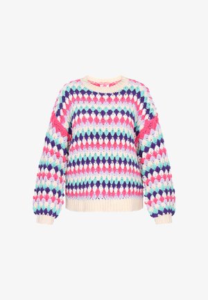 Barvna pletena pulover s diamanthovim vzorcem v roza, vijolični, modri in kremni barvi. Ima okroglo ovratnico in prevelike rokave.