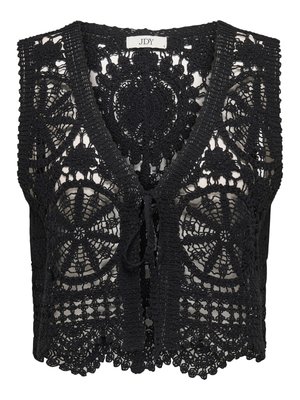 Schwarze ärmellose Häkelweste mit Blumen- und Kreis-Mustern, vorne offen, mit einer kleinen Schleife gebunden.