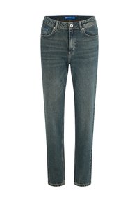 Sötétkék, fakó denimszövetből készült farmernadrág, egyenes szabással, öt zsebbel, övpántos derékkal és elöl gombos záródással.