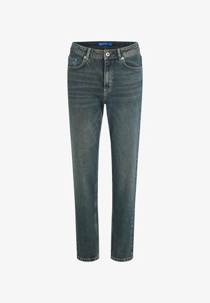 Jeans iz denima v zbledeli temno modri barvi, s ravnim krojem, petimi žepi in pasom z zanko za pas ter zaklepanjem s sprednjim gumbom.