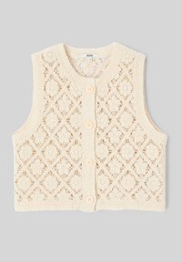 Gilet sans manches en crochet crème avec motifs floraux et losanges, encolure ronde et quatre boutons sur le devant.