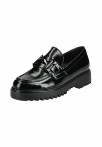 Schwarze Lackleder-Slipper mit robuster Gummisohle; ausgestattet mit einer dekorativen Schnalle und glänzender, glatter Oberfläche. Runde Zehenform.