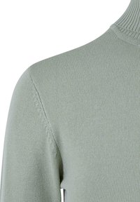 Hellgrüner, gestrickter Pullover mit hohem Kragen. Verfügt über eine gerippte Textur und nahtlose Schulterdetails. Weicher, flexibler Stoff.