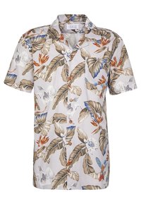 Kortärmad, kragad skjorta i ljusbeige med bruna, blå och gröna tropiska blad- och fågelmönster. Tillverkad av lättviktig tyg.