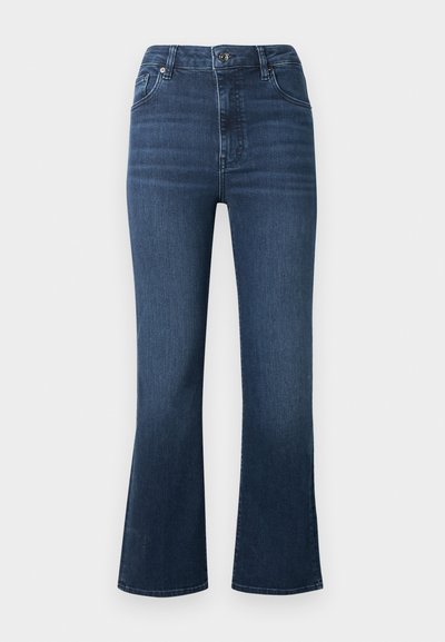 Jeans flared in denim blu scuro con vita alta, design classico a cinque tasche, leggere sfumature e dettagli di cucitura attorno alle tasche e alle cuciture.