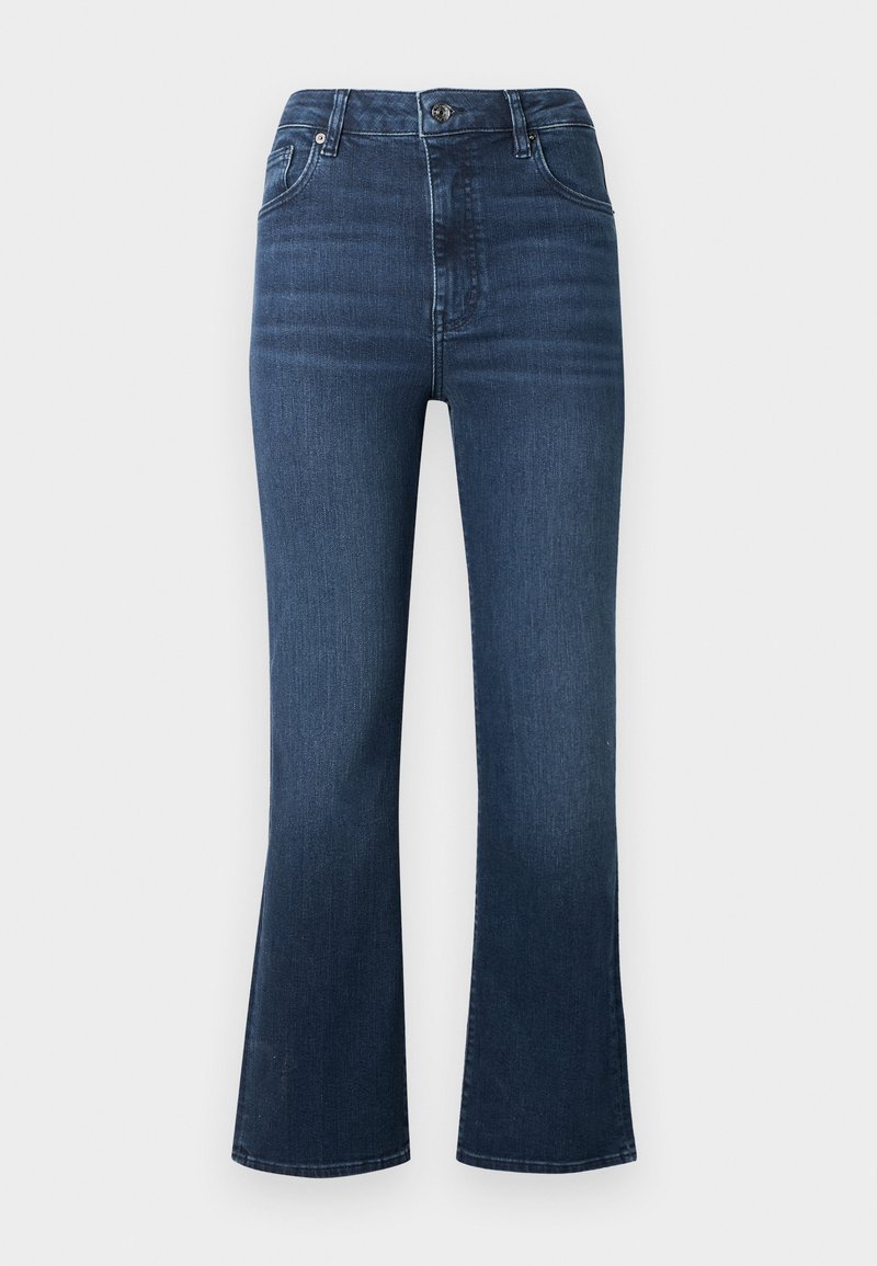 Dark blue denim flared jeans featuring a high waist, classic five-pocket design, subtle fading, and stitching details around the pockets and seams.