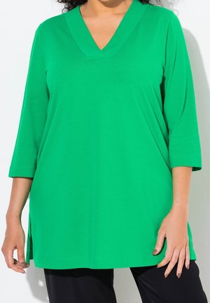 Kvinde iført en loose-fitting grøn V-hals top med trekvart lange ærmer og sorte bukser mod en ensfarvet hvid baggrund.