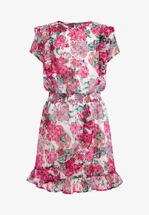 Kort blomsterkjole med pink, røde og lilla blomster, grønne blade, flæseærmer, elastisk talje og flæsekant.