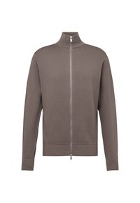 Taupe pletená bunda na zip s dlouhými rukávy a vysokým žebrovaným límcem na bílém pozadí.