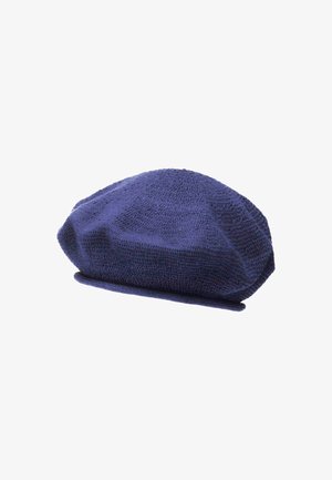 Navy blue knit cap with a curved fit and flat brim. Textured fabric with a subtle pattern, offering a casual and lightweight appearance.