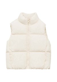 Puffige, ärmellose Weste aus leichtem beige Material. Verfügt über einen hohen Kragen, einen Reißverschluss vorne und gesteppte Abschnitte zur Isolierung.