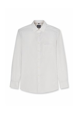 Wit overhemd met lange mouwen met dunne verticale grijze strepen, knoopsluiting aan de voorkant, borstzak en klassieke kraag.