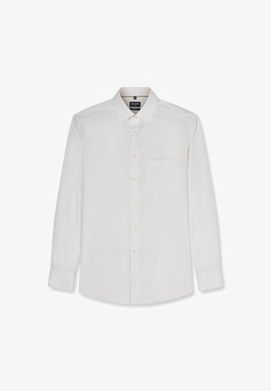 Chemise blanche à manches longues avec fines rayures grises verticales, boutonnée sur le devant, poche poitrine et col classique.