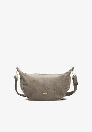 Borsa a spalla in corduroy marrone con forma curva, chiusura con zip, logo dorato e tracolla regolabile. Texture morbida e design rigato.
