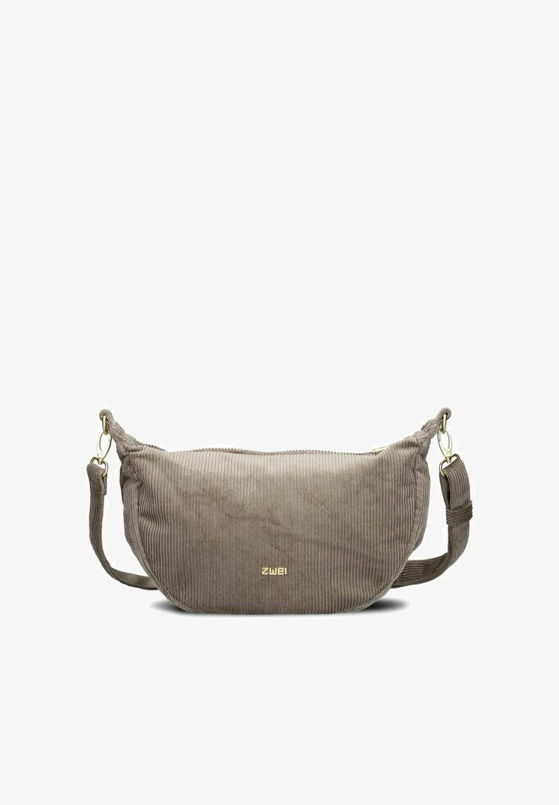 Borsa a spalla in corduroy marrone con forma curva, chiusura con zip, logo dorato e tracolla regolabile. Texture morbida e design rigato.