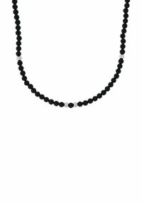 Zwarte kralenketting met bolvormige kralen en zilveren accentstukken, met een eenvoudig ontwerp en een gladde textuur, geschikt voor verschillende gelegenheden.