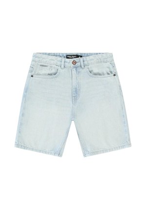 Lichtblauwe denim shorts met een relaxte pasvorm, vijf zakken en een enkele knoopsluiting aan de tailleband. Soepele textuur en nette stiksels.