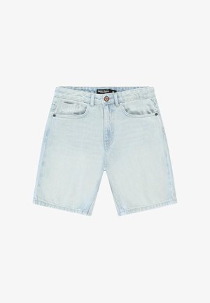 Lichtblauwe denim shorts met een relaxte pasvorm, vijf zakken en een enkele knoopsluiting aan de tailleband. Soepele textuur en nette stiksels.