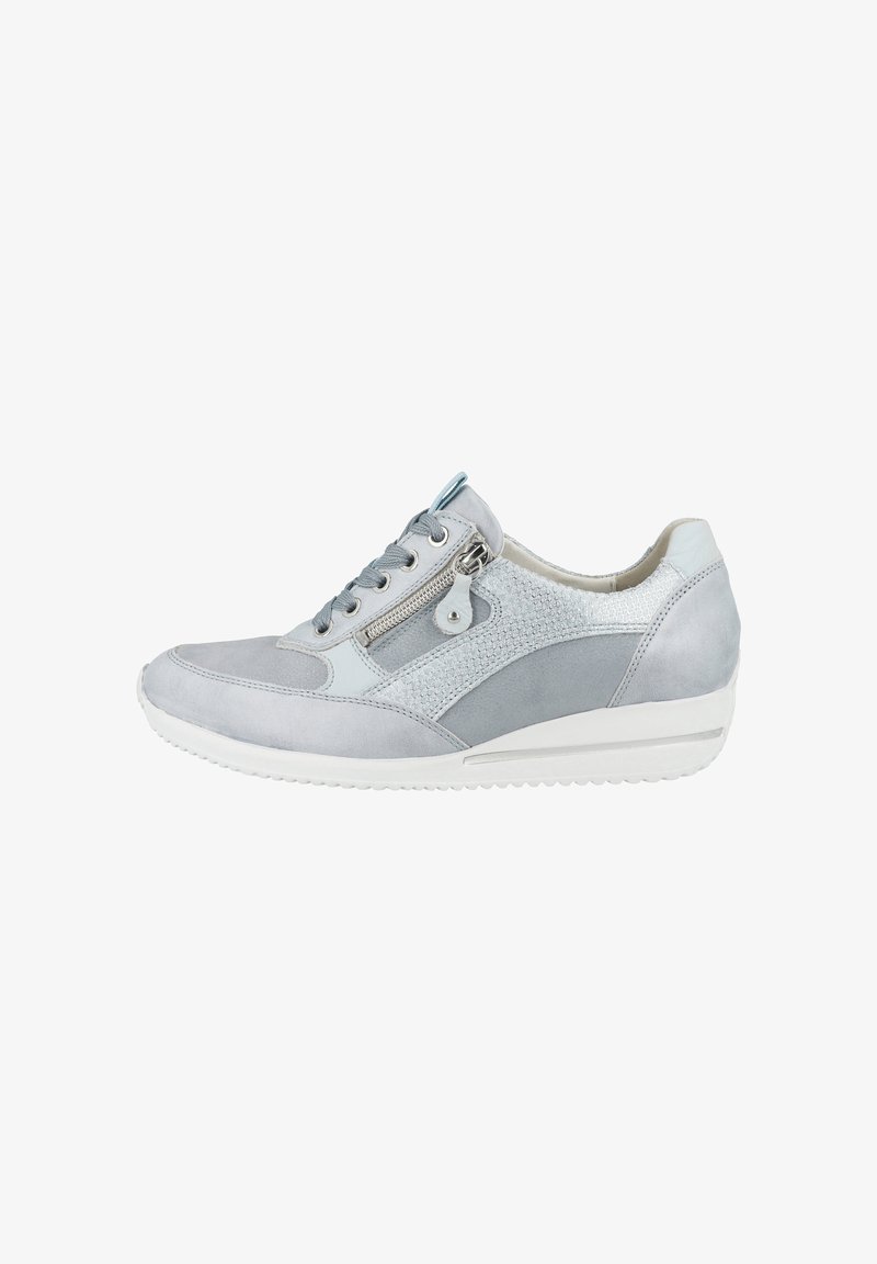 Light grey sneaker with laces, side zipper, textured panels, and white sole designed for casual wear.