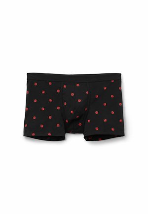 Schwarze Herren-Boxershorts mit kleinen roten Marienkäfermuster, gleichmäßig auf dem Stoff verteilt.
